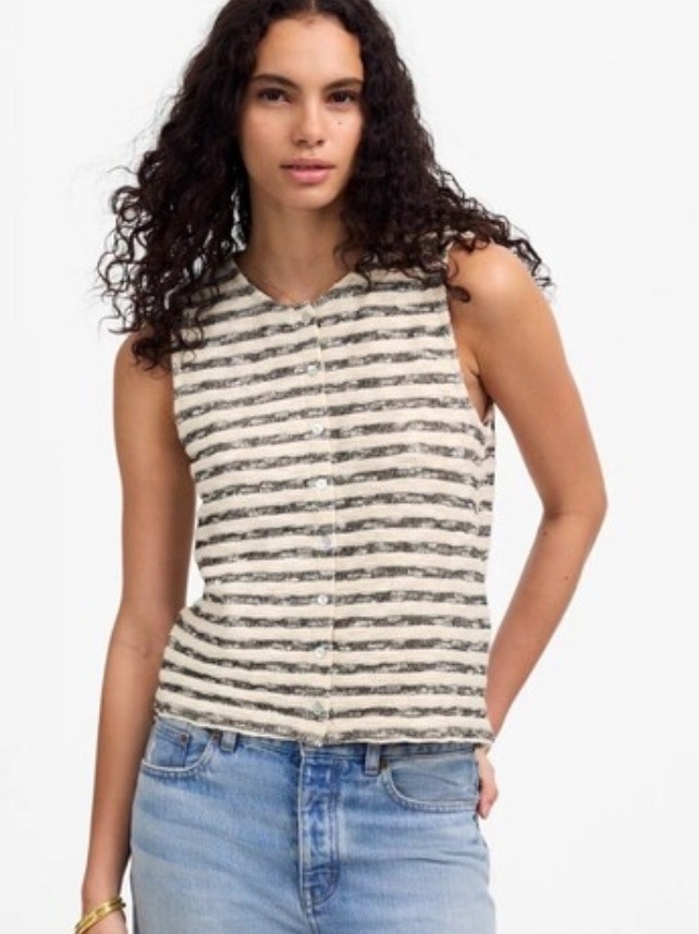 Madewell Women's Crewneck Sweater Vest In Stripe Tank Button Front Knit Large